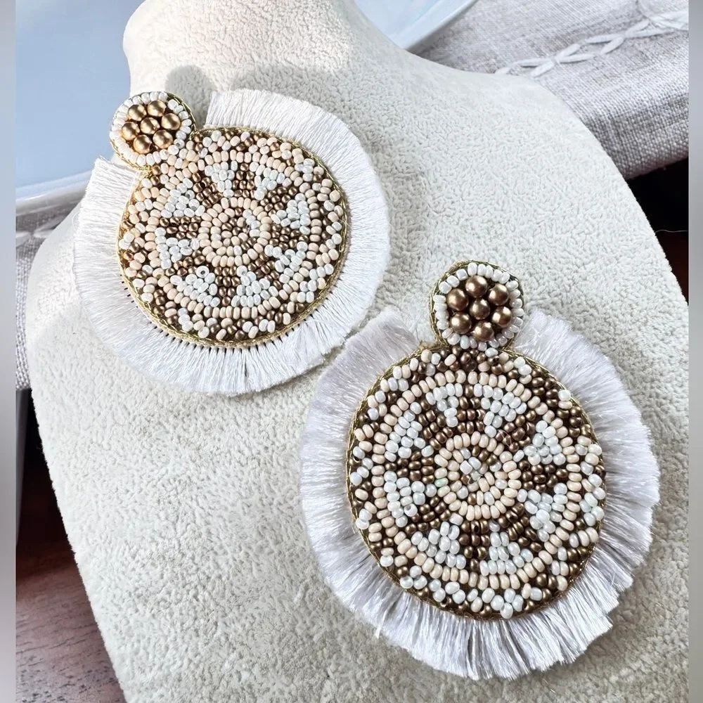 Free People Beaded Fringe Statement Earrings in White, Cream & Gold
